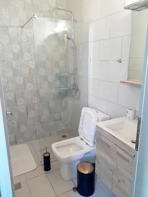 a bathroom with a shower and a toilet and a sink at 