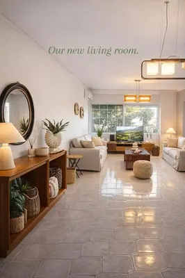 a living room with a couch and a tv at Erofili's Apartment ONLY 700 meters from the beach in Ialyssos