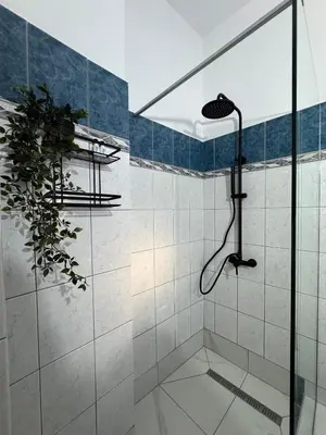 a shower with a glass door and a plant at Aesthetic Cozy Haven in Kremasti
