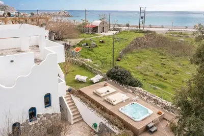 an aerial view of a house with a swimming pool at Villa Kaya in Haraki
