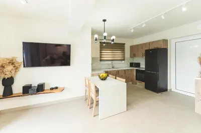 a kitchen with a black refrigerator and a table at Aiolia Villa in Lachania