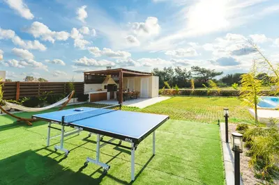 a ping pong table in the middle of a yard at Aiolia Villa in Lachania