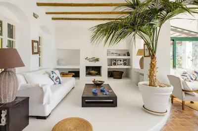 a living room with a white couch and a palm tree at Los Olivos V.I.P Poolvilla Kritinia in Kamiros