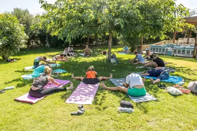 a group of people doing yoga in the grass at Let it Be Apartments in Theologos