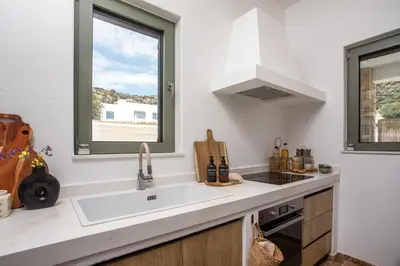 a kitchen with a sink and a window at Villa Elaia in Afantou