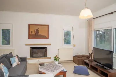 a living room with a couch and a fireplace at Pines Villa in Rhodes Town