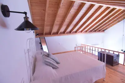a bedroom with a bed in a room with a wooden ceiling at Aegli Apartments Deluxe in Symi