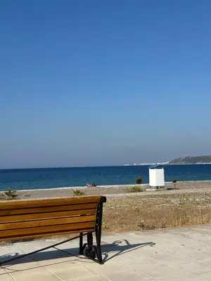 a wooden bench sitting on a sidewalk near the ocean at Sea & Joy House in Ialyssos