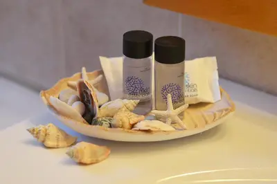 a bowl with two bottles of sunscreen and shells at Captain Ilias House Chalki in Halki
