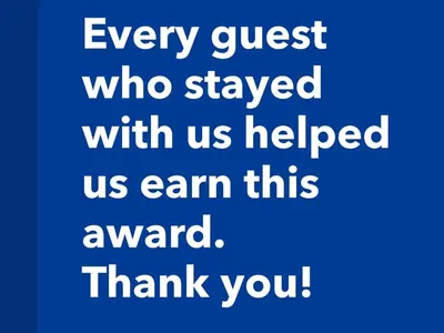 every guest who stayed with us helped us earn this award thank you text blue font at Captain Ilias House Chalki in Halki