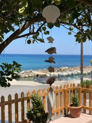 a bird ornament hanging from a tree near the beach at Spot on the sea in Archangelos