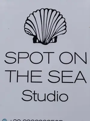 a sign for a shop with a shell on the sea studio at Spot on the sea in Archangelos