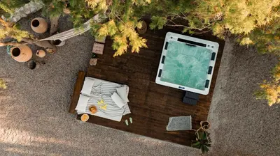 an overhead view of a swimming pool with a table at Ninémia Sea living in Archangelos