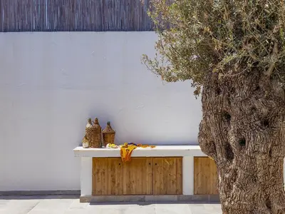 a bench next to a tree next to a wall at Exquisite Rhodes Villa Villa Boho Chic 6 Bedrooms Private Pool in Lachania