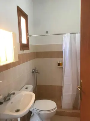 a bathroom with a white toilet and a sink at Dimitras Studio in Arnítha