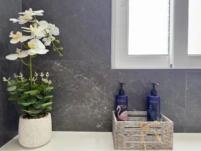 a bathroom counter with two bottles of soap and a flower at Villa Marina - Glystra Beach in Kiotari