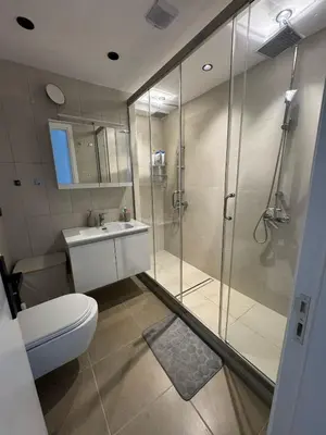 a bathroom with a shower and a toilet and a sink at Lihi's Sea View in Rhodes in Rhodes Town