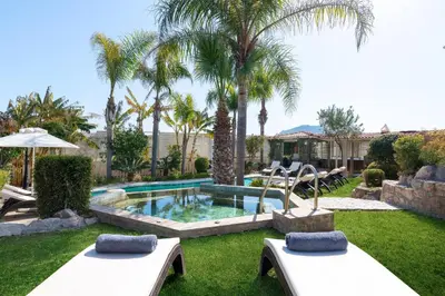 a backyard with a swimming pool and palm trees at Onda Vista Luxury Villa in Kremasti