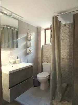 a bathroom with a toilet and a sink and a shower at Lilly's Cosy Studio in Rhodes Town