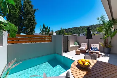a patio with a pool and a table with a bowl of fruit at Afesou Suites in Ialyssos