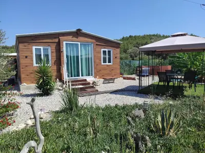 a tiny house with a patio and an umbrella at Mountain View Bungalows Dimilia in Phanaes