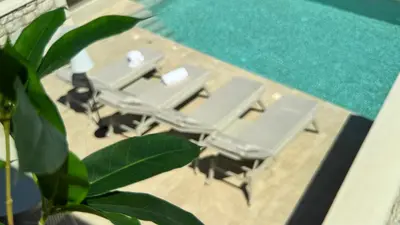 an overhead view of desks and chairs on a patio at ARYVE Boutique Villa mit Akropolis- und Meerblick, Infinity-Pool und Designer-Interieur in Malona Village