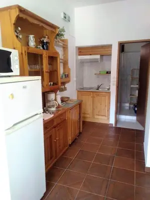 a kitchen with wooden cabinets and a white refrigerator at Perla di Mare - Katoi 1 in Symi