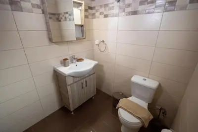 a bathroom with a white toilet and a sink at Stefanos House Stegna in Archangelos