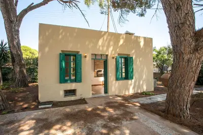 a house with green shutters and a tree at Villa Luna Piena in Pefki Rhodes