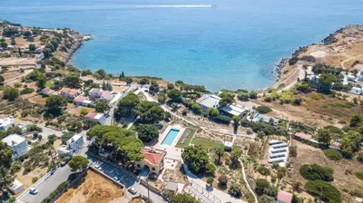 an aerial view of a small town next to the ocean at Villa Luna Piena in Pefki Rhodes