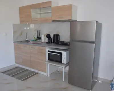 a kitchen with a refrigerator and a microwave at Gemini Apartment in Afantou