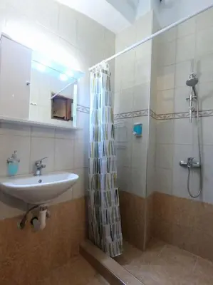a bathroom with a sink and a shower at Tiny Clock House in Rhodes Town