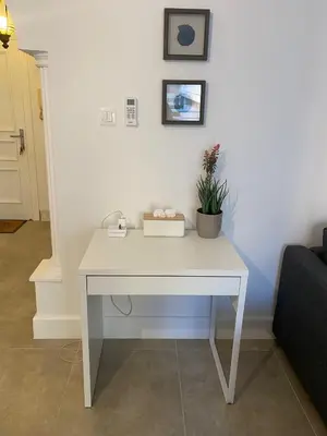 a white desk with a potted plant on it at New Best Priced Walkable Beach Sites City Rhodes Town Apartment in Rhodes Town
