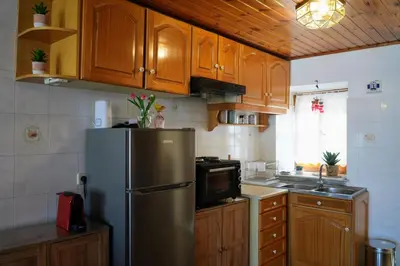 a kitchen with a stainless steel refrigerator and wooden cabinets at Amorosa House in Symi