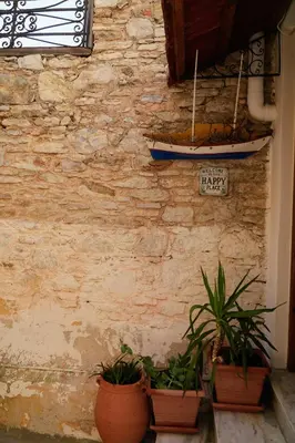 three potted plants sitting next to a stone wall at Amorosa House in Symi
