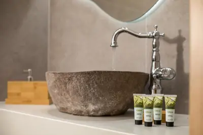 a bathroom sink with a stone bowl and a faucet at Alexandras Stone House in Rhodes Town