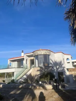 a large white house with a staircase in front of it at Villa Eleni-Gennadi in Yennadhion
