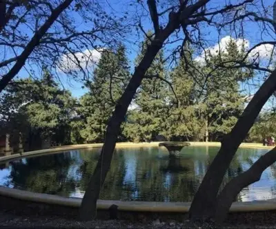 a pond in a park with trees and a fountain at Casa Marina in Archipolis