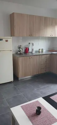 a kitchen with wooden cabinets and a white refrigerator at Tsampikas House in Faliraki