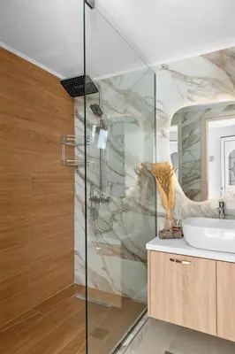 a bathroom with a sink and a shower at Villa Chris - Malona in Malona Village