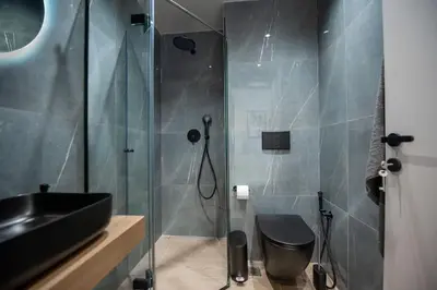 a bathroom with a shower and a toilet and a sink at Santa Marina Luxury Apartments #1 with pool in Asgourou