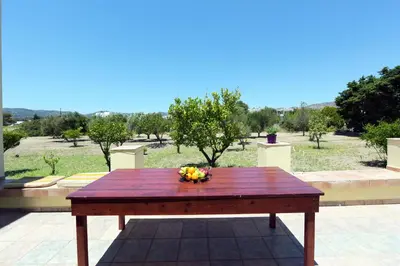a wooden table with a bowl of fruit on it at Seaside Villa in Gennadi