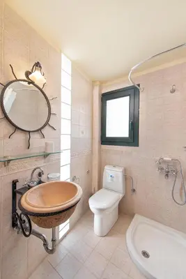 a bathroom with a sink and a toilet and a mirror at Anastasia Veranna Villa in Lachania