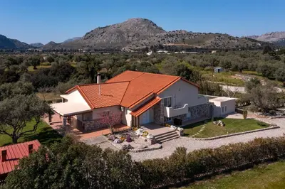 an aerial view of a house with an orange roof at Olive Private Villa Swimming Pool 5 BDR Kolymbia Rhodes in Kolimbia