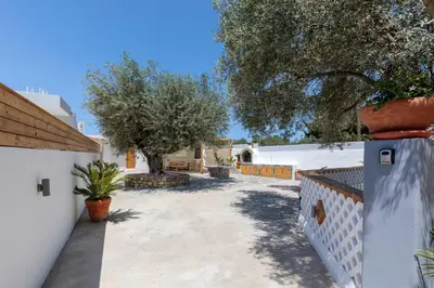 a courtyard of a house with trees and a fence at Alamia Suites in Archangelos