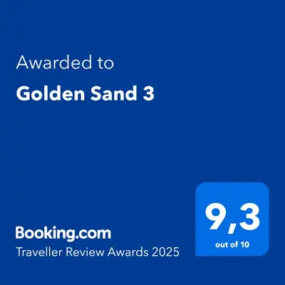a blue screen with the text awarded to golden sand at Golden Sand 3 in Ialyssos