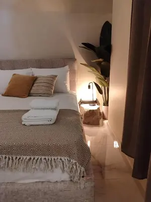 a bedroom with a bed with pillows and a plant at Ethnic Cave Suite in Rhodes Town
