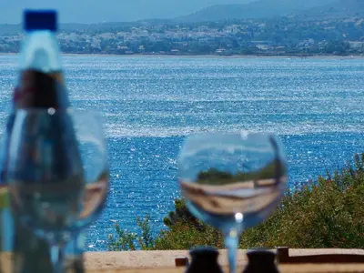 a bottle of wine sitting next to a wine glass at Al Mare Villas in Kiotari