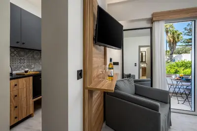 a kitchen and living room with a couch and a television at Colori Di Maria in Afantou