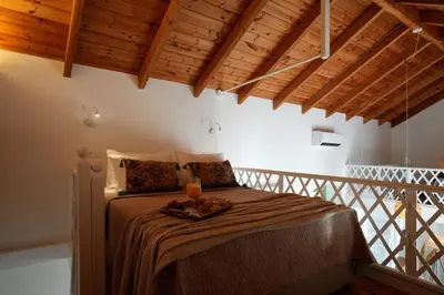 a bedroom with a bed in a room with wooden ceilings at Bella Vista in Symi